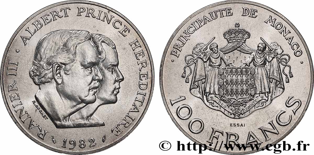 MONACO - FÜRSTENTUM MONACO - RAINIER III. Essai de 100 Francs Rainier III et Albert 1982 Paris fST 