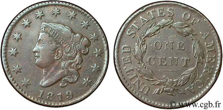 STATI UNITI D AMERICA 1 Cent “Matron Head” variété à petite date 1819 Philadelphie q.BB 