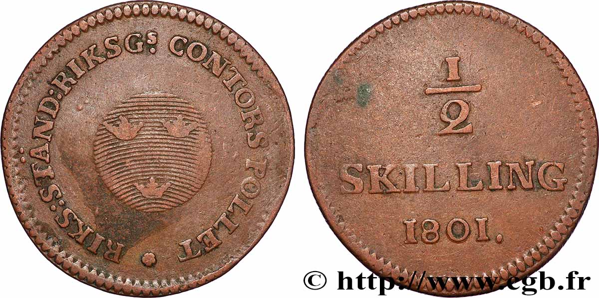 SWEDEN 1/2 Skilling écu aux trois couronnes 1801  XF 