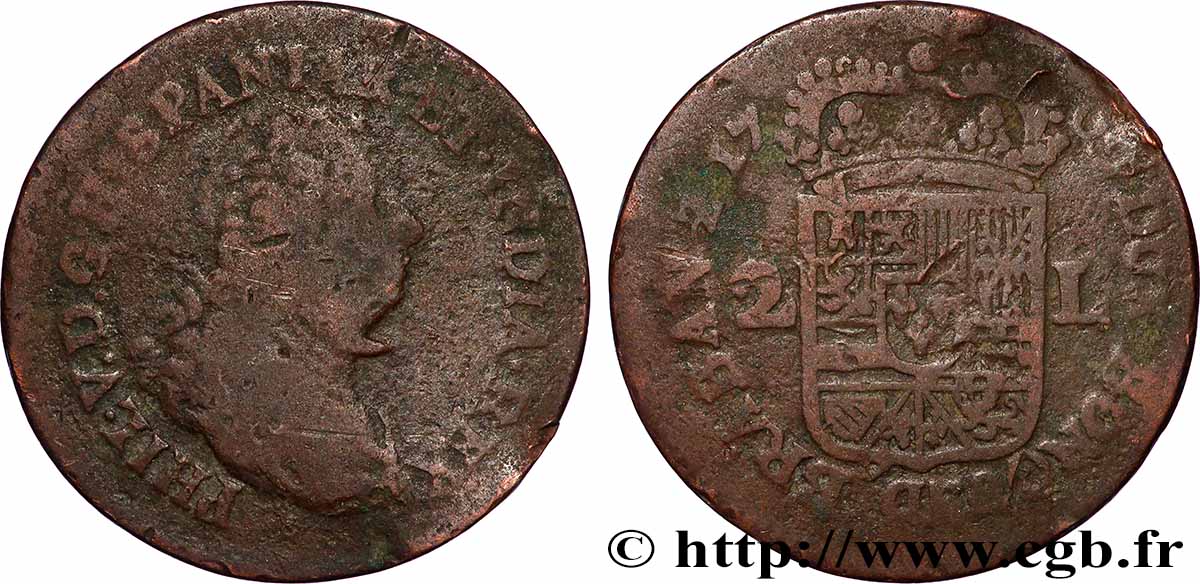 BELGIO - NAMUR 2 Liards Duché de Namur Philippe V d’Espagne 1709 Namur q.MB 