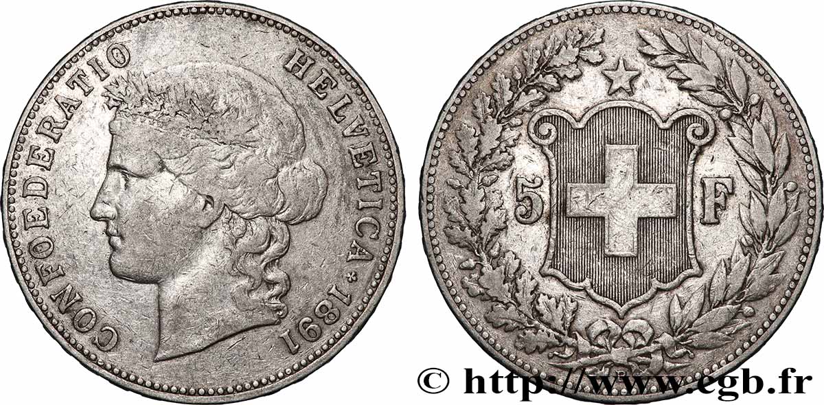 SUISSE 5 Francs Helvetia 1891 Berne TB+ 
