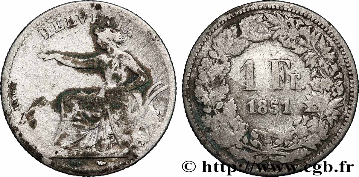 SUISSE 1 Franc Helvetia assise 1851 Paris TB 