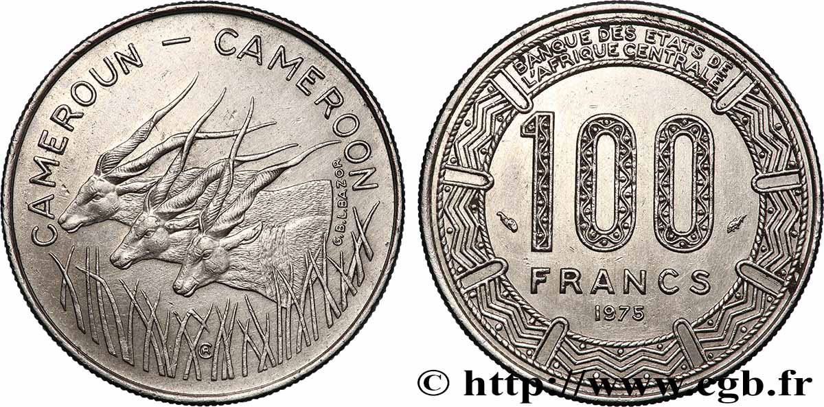 CAMEROUN 100 Francs légende bilingue, type BEAC antilopes 1975 Paris TTB+ 