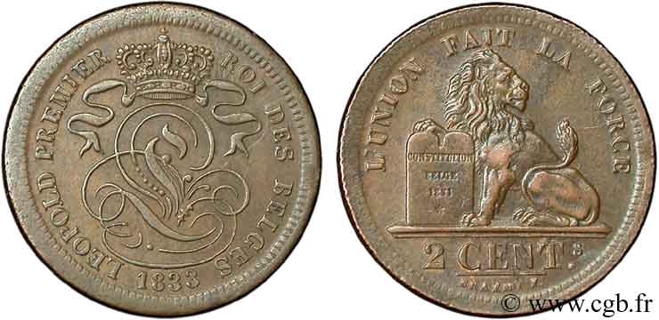 BÉLGICA 2 Centimes lion monogramme de Léopold Ier 1833  EBC+ 
