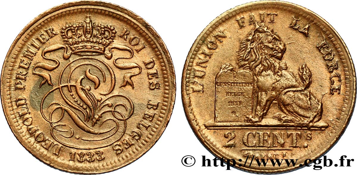 BÉLGICA 2 Centimes lion monogramme de Léopold Ier 1833  SC 