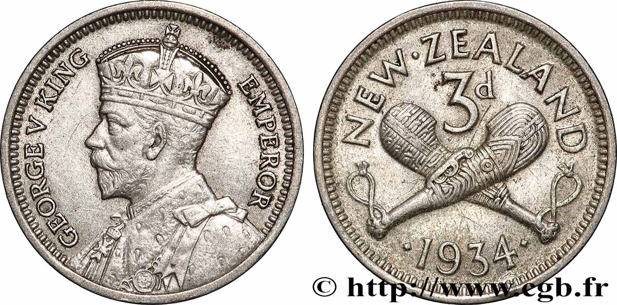 NOUVELLE-ZÉLANDE 3 Pence Georges V 1934 Londres TTB+ 