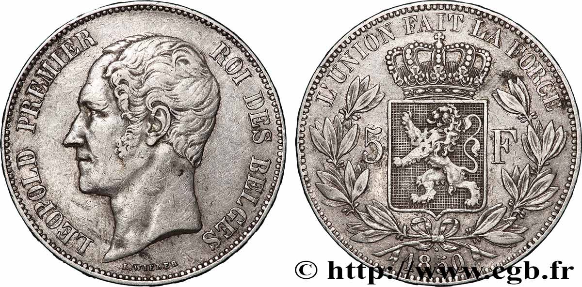 BELGIQUE 5 Francs Léopold Ier 1850  TTB+ 