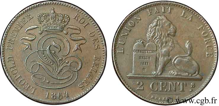 BELGIEN 2 Centimes lion monogramme de Léopold Ier 1864  VZ 