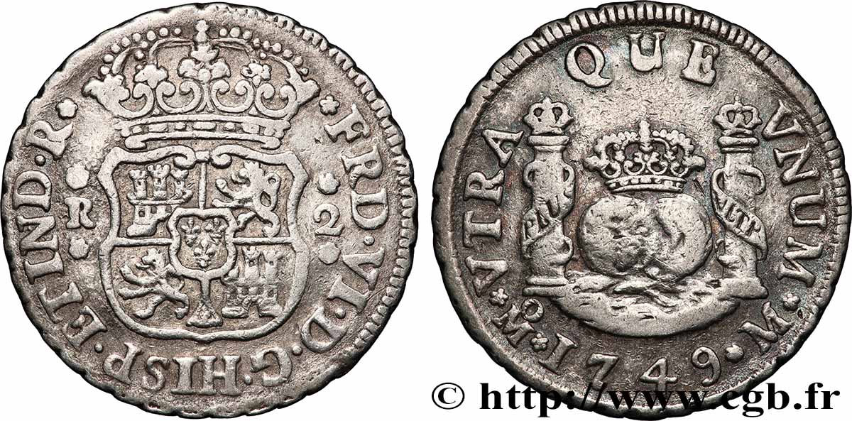 ESPAGNE 2 Réales 1749 Mexico TTB 