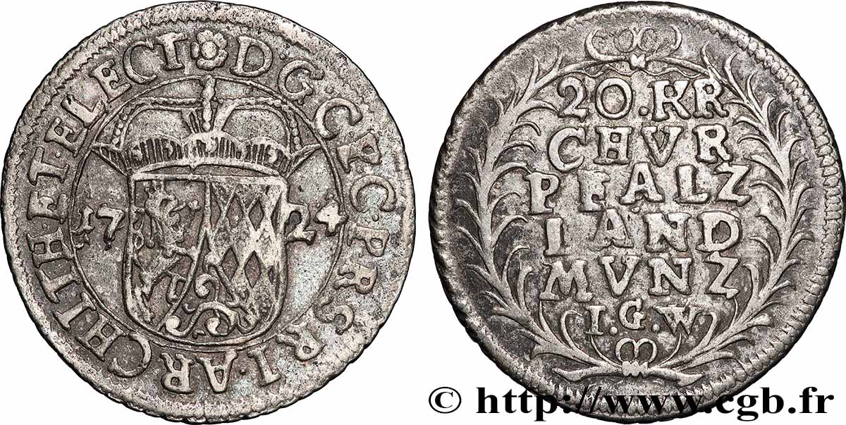 ALLEMAGNE - PALATINAT 20 Kreuzer Charles Philippe comte palatin du Rhin 1724 Heidelberg TTB 