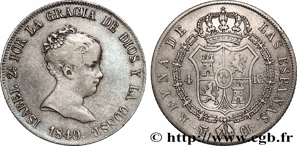 ESPAGNE - ROYAUME D&nbsp;ESPAGNE - ISABELLE II 4 Reales  1849 Madrid TTB 