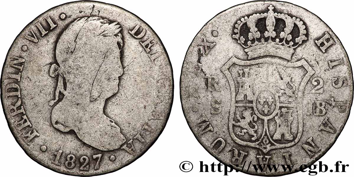 ESPAÑA 2 Reales Ferdinand VII 1827 Séville BC 