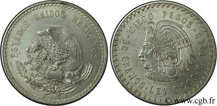 MEXICO 5 Pesos Aigle / buste de Cuauhtemoc 1948 Mexico AU 