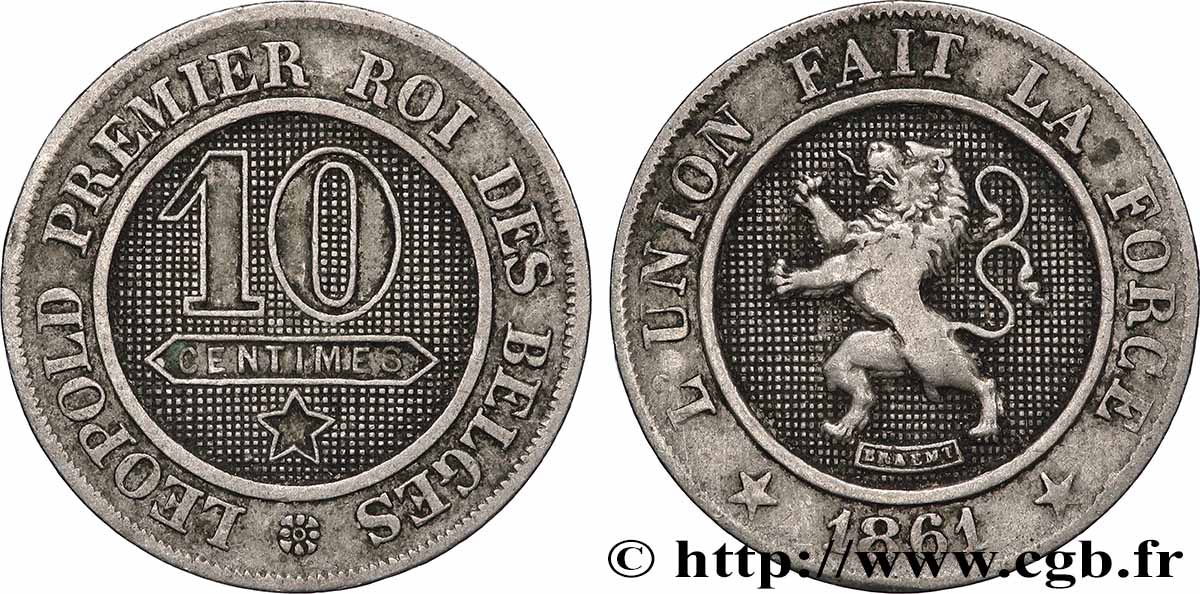 BELGIUM 10 Centimes lion 1861 Bruxelles XF 