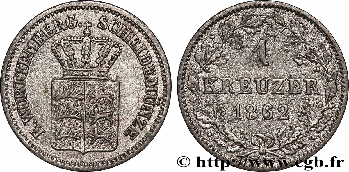 ALLEMAGNE - WURTEMBERG 1 Kreuzer 1862 Stuttgart TTB 