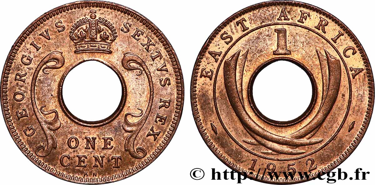AFRICA DI L&nbsp;EST BRITANNICA  1 Cent Georges VI 1952 Kings Norton SPL 