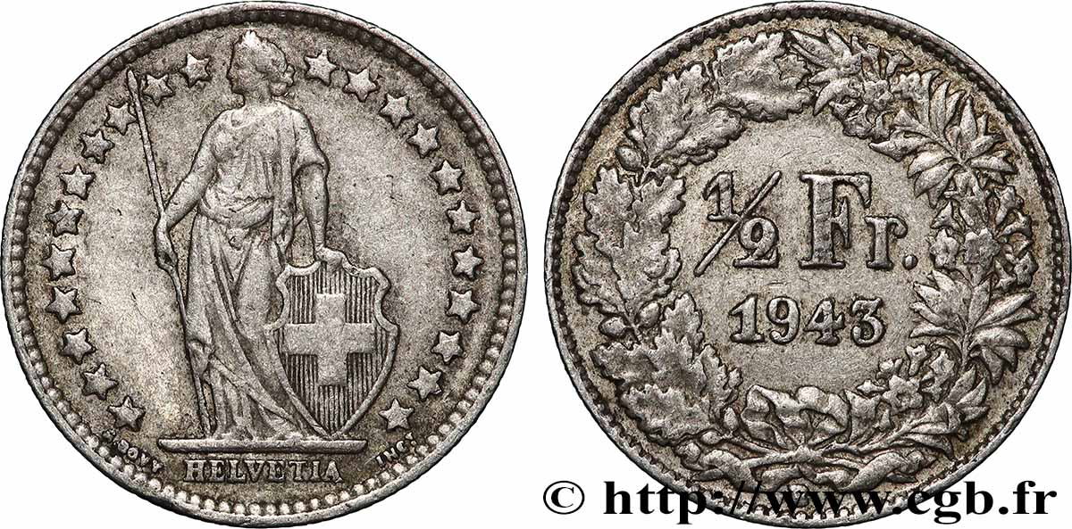 SVIZZERA  1/2 Franc Helvetia 1943 Berne - B BB 