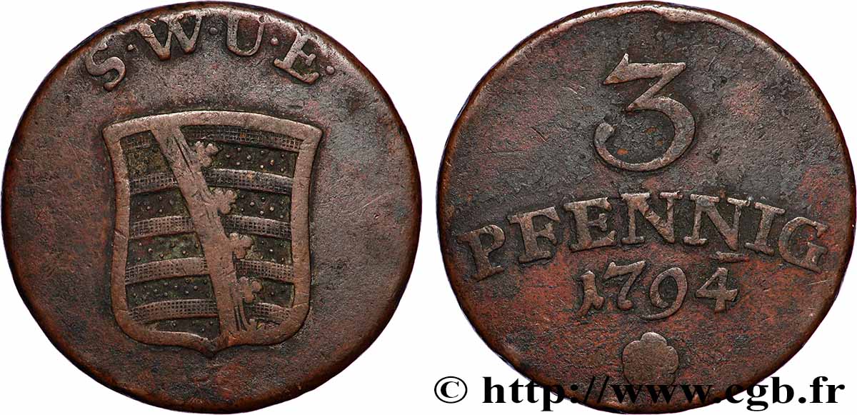 GERMANY - SAXE-WEIMAR-EISENBACH 3 Pfennig Charles-Auguste 1794 Eisenach VF 