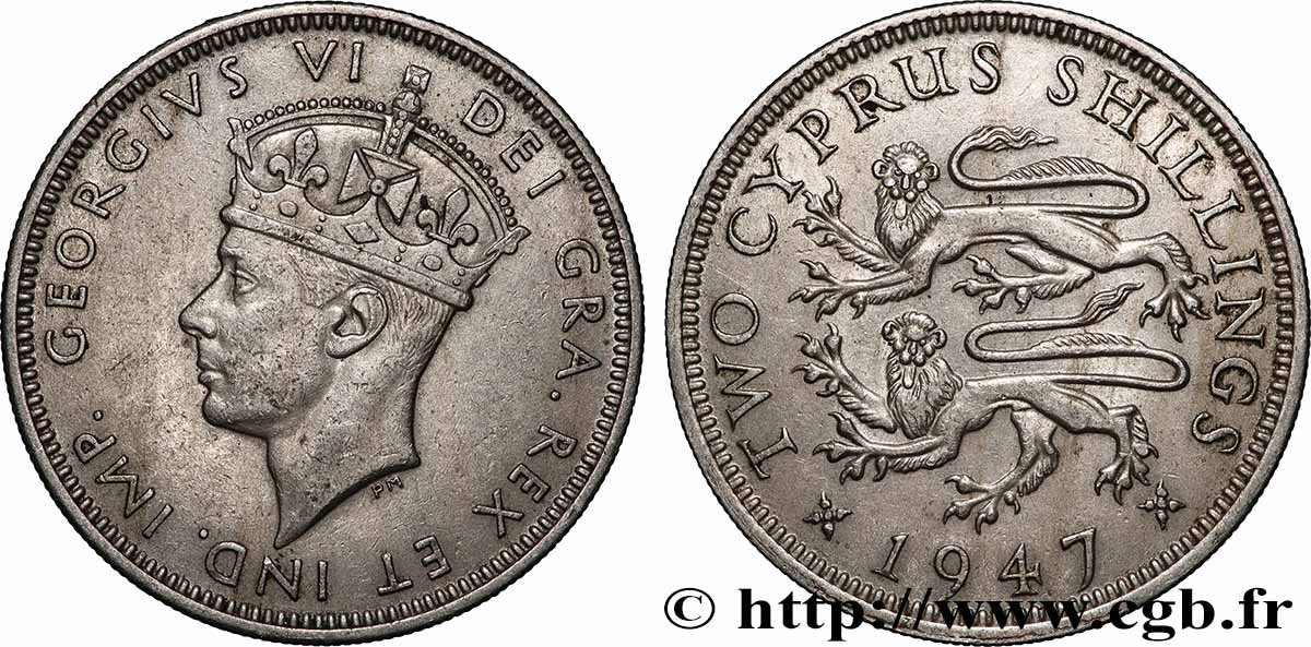 CHYPRE 2 Shilling Georges VI 1947 Londres TTB+ 