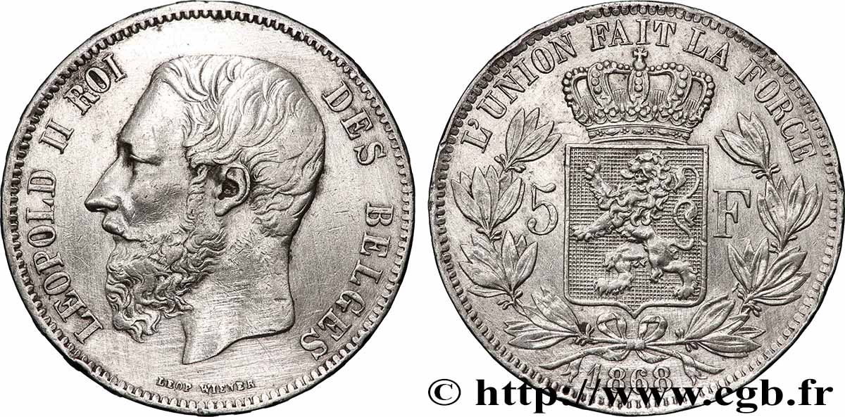 BELGIQUE 5 Francs Léopold II 1868  TTB 