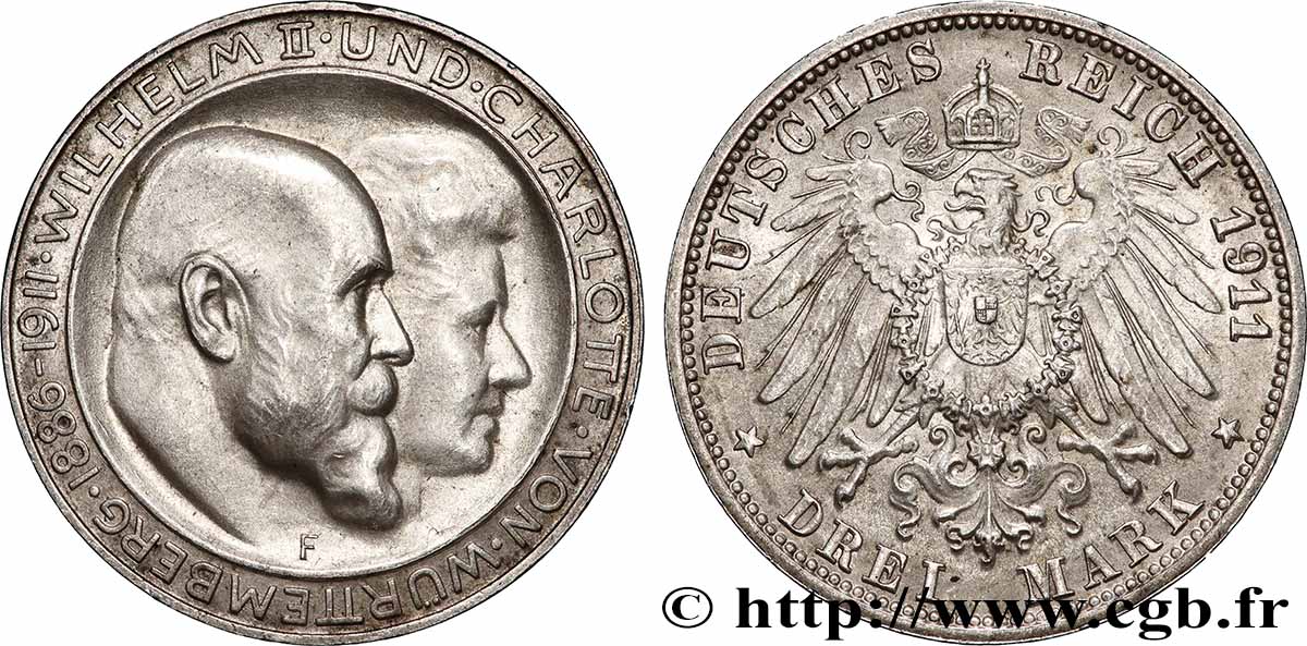 ALLEMAGNE - WURTEMBERG 3 Mark Guillaume II et Charlotte 1911 Stuttgart TTB+ 