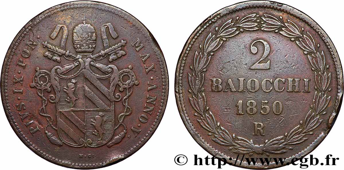 ITALIA - STATO PONTIFICIO - PIE IX (Giovanni Maria Mastai Ferretti) 2 Baiocchi Pie IX an V 1850 Rome q.BB 