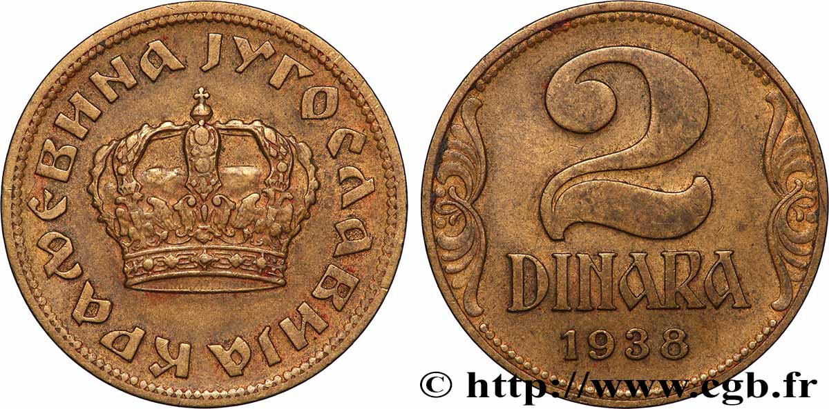 YUGOSLAVIA 2 Dinara couronne 1938 Paris q.SPL 