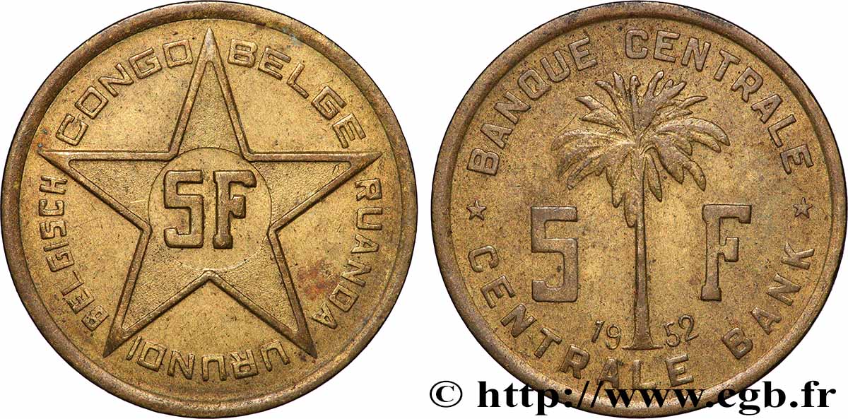 CONGO BELGA 5 Francs Banque Centrale Congo Belge-Ruanda-Urundi 1952 Bruxelles BB 