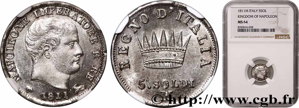 ITALIEN - Königreich Italien - NAPOLÉON I. 5 Soldi  1811 Milan - M fST64 NGC