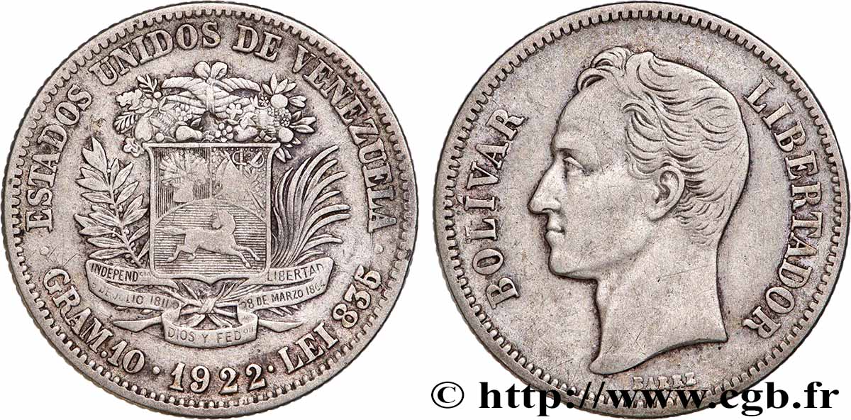 VENEZUELA 2 Bolivares Simon Bolivar 1922 Philadelphie BC+ 