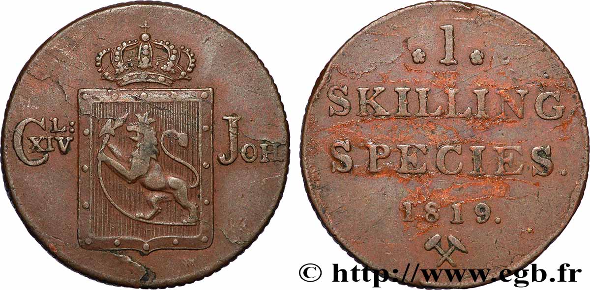 NORVÈGE 1 Skilling au nom de Charles XIV roi de Suède 1819 Kongsberg TTB 