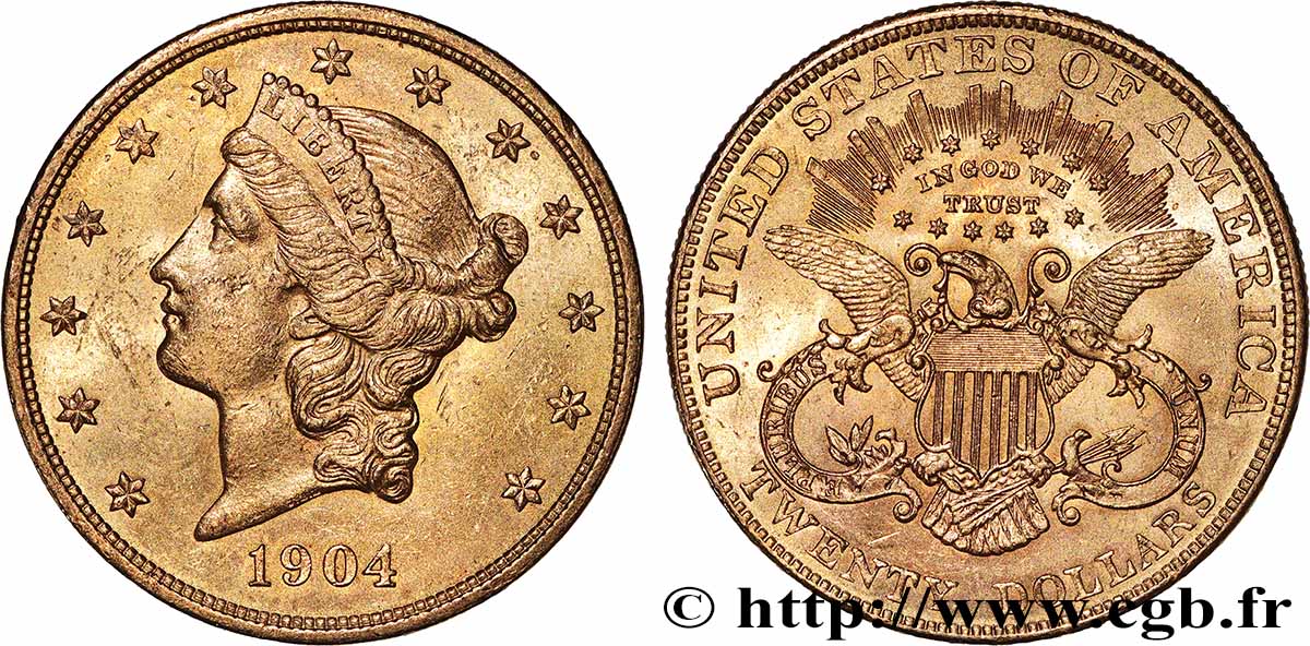 OR, PALLADIUM ET PLATINE INVESTISSEMENT 20 Dollars &nbsp;Liberty&nbsp; 1904 Philadelphie SUP 