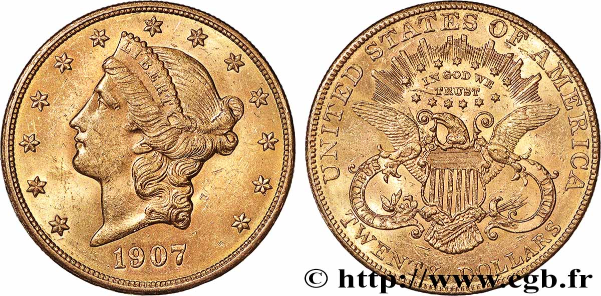 OR, PALLADIUM ET PLATINE INVESTISSEMENT 20 Dollars &nbsp;Liberty&nbsp; 1907 Philadelphie SUP 