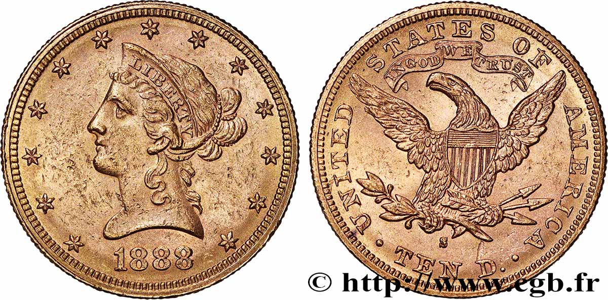 OR, PALLADIUM ET PLATINE INVESTISSEMENT 10 Dollars &nbsp;Liberty&nbsp; 1888 San Francisco TTB+ 