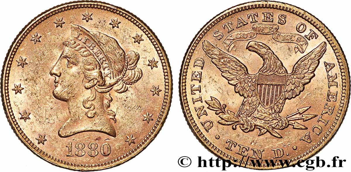 GOLD-, PALLADIUM- UND PLATIN-INVESTITIONEN 10 Dollars &nbsp;Liberty&nbsp; 1880 Philadelphie SS 