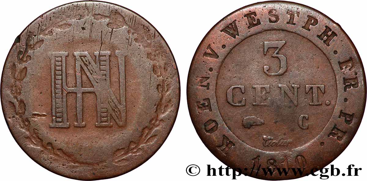 ALLEMAGNE - ROYAUME DE WESTPHALIE - JÉRÔME NAPOLÉON 3 Centimes 1810 Cassel TB+ 