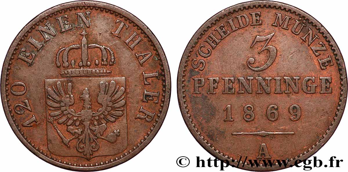 ALEMANIA - PRUSIA 3 Pfenninge Royaume de Prusse 1869 Berlin MBC 