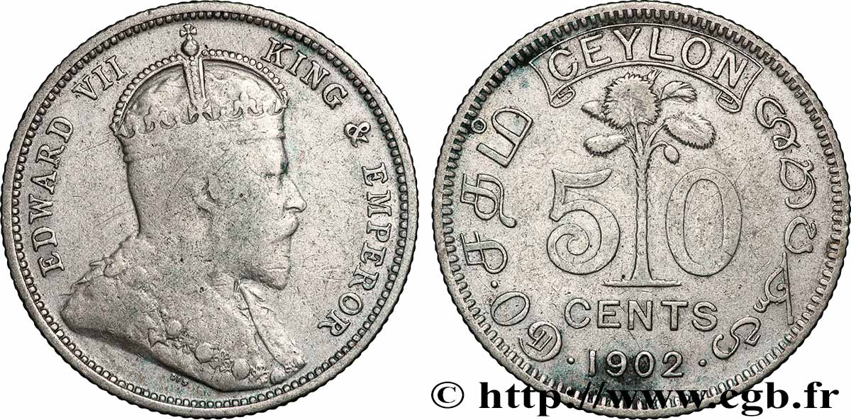 CEYLON 50 Cents Édouard VII 1902  VF 