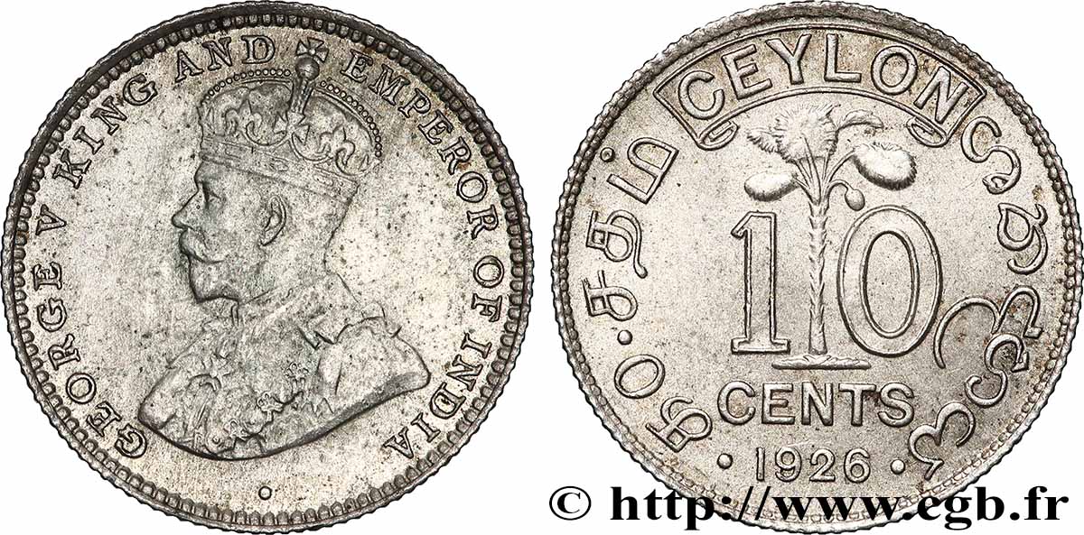 CEYLAN 10 Cents Georges V 1926  TB+ 