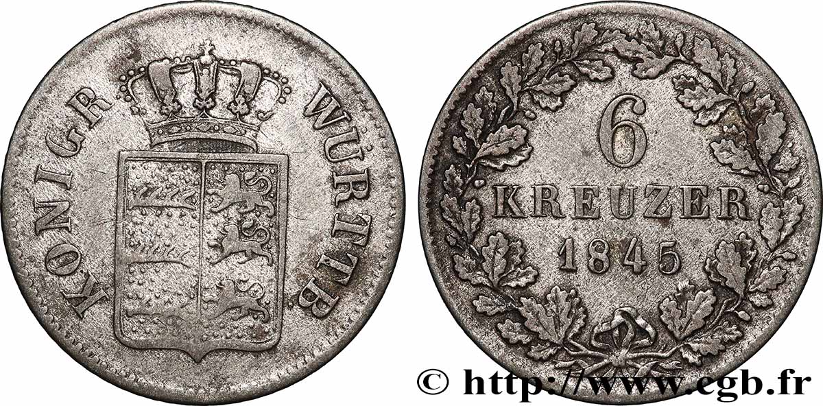 ALLEMAGNE - WURTEMBERG 6 Kreuzer 1845 Stuttgart TB+ 