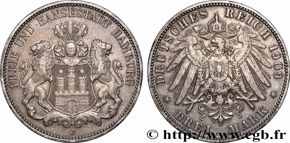 GERMANY - HAMBURG FREE CITY 3 Mark 1909 Hambourg XF 