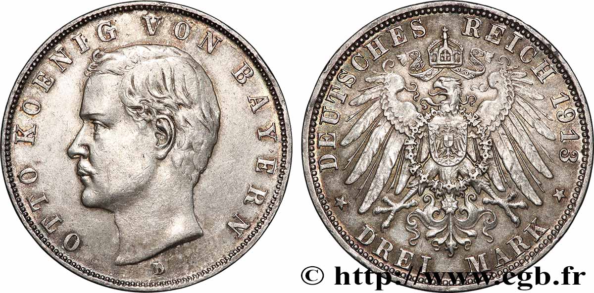 GERMANY - BAVARIA 3 Mark Othon 1913 Munich AU 
