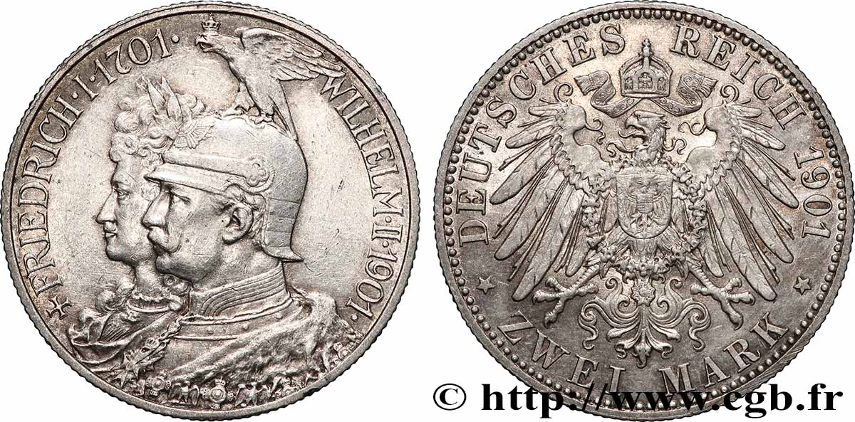 ALLEMAGNE - PRUSSE 2 Mark Guillaume II 200e anniversaire de la Prusse 1901 Berlin SUP 
