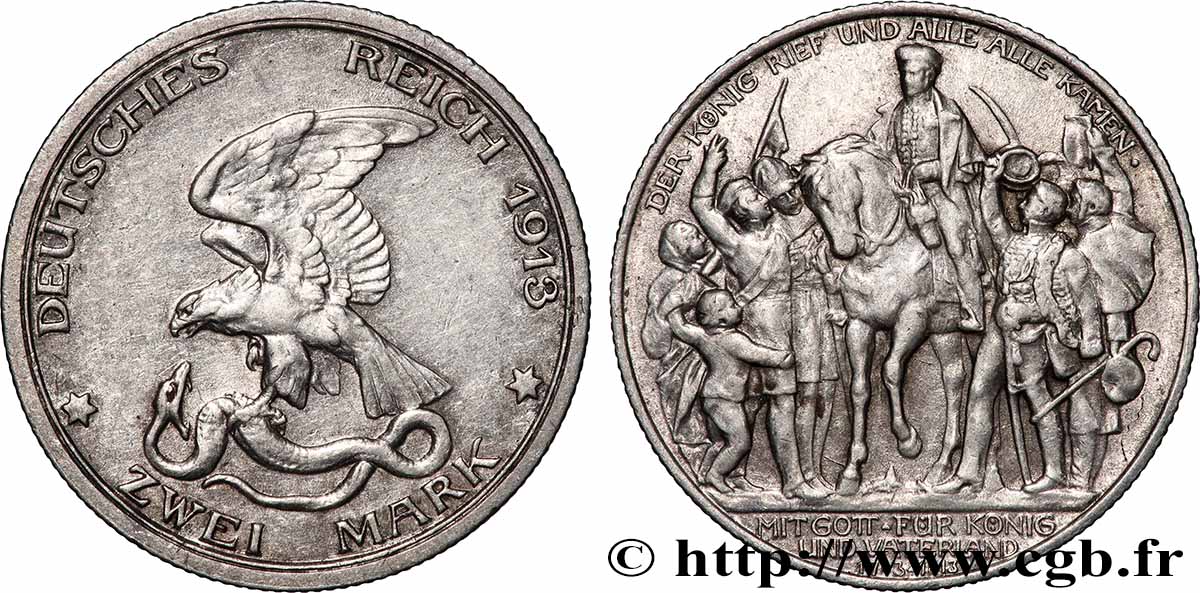 ALLEMAGNE - PRUSSE 2 Mark 100e anniversaire défaite de Napoléon 1913 Berlin TTB+ 