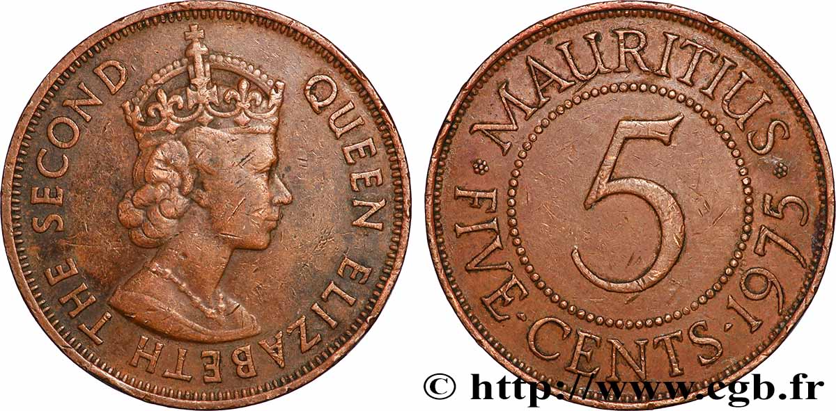 ÎLE MAURICE 5 Cents Elisabeth II 1975 Llantrisant TB+ 