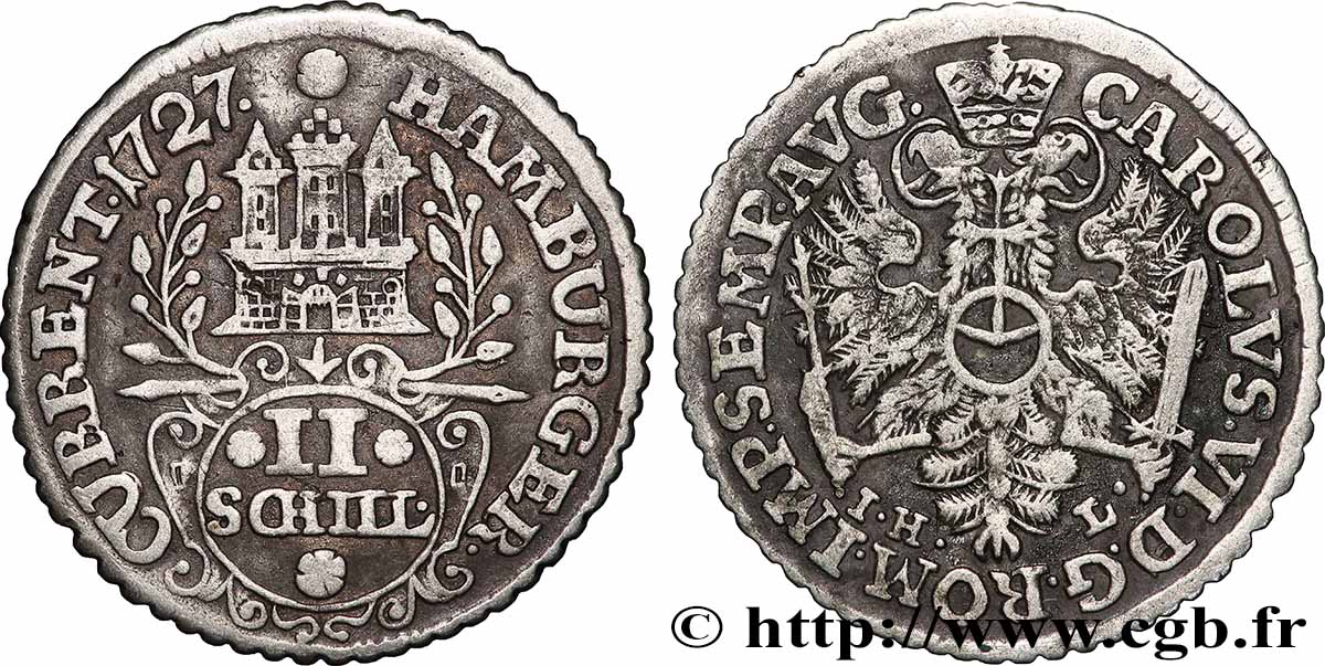 DEUTSCHLAND - HAMBURG FREIE STADT 2 (II) Schilling armes de la ville / aigle impérial 1727 Hambourg fSS 
