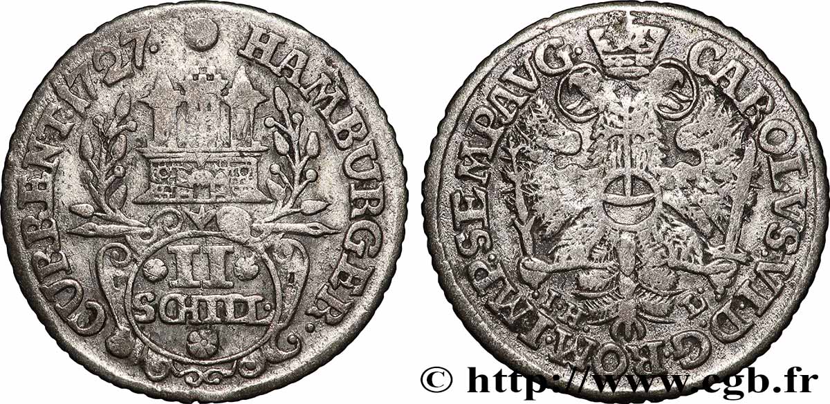 DEUTSCHLAND - HAMBURG FREIE STADT 2 (II) Schilling armes de la ville / aigle impérial 1727 Hambourg fSS 