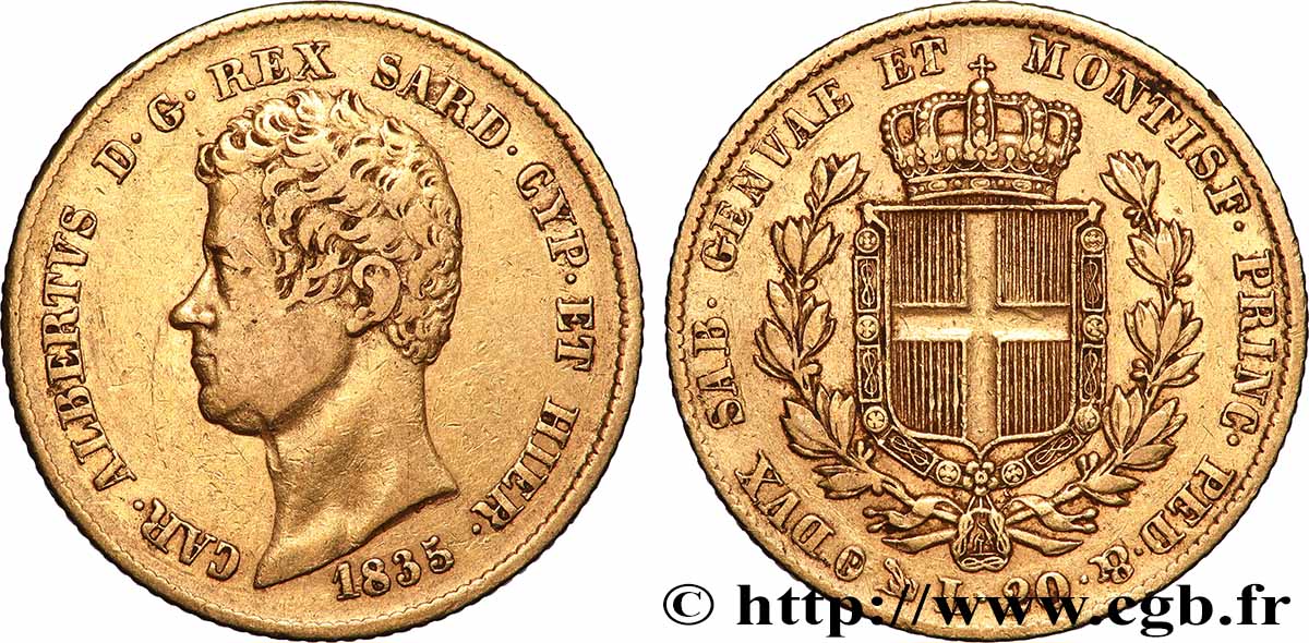 OR, PALLADIUM ET PLATINE INVESTISSEMENT 20 Lire Charles-Albert 1835 Gênes TB+/TTB 