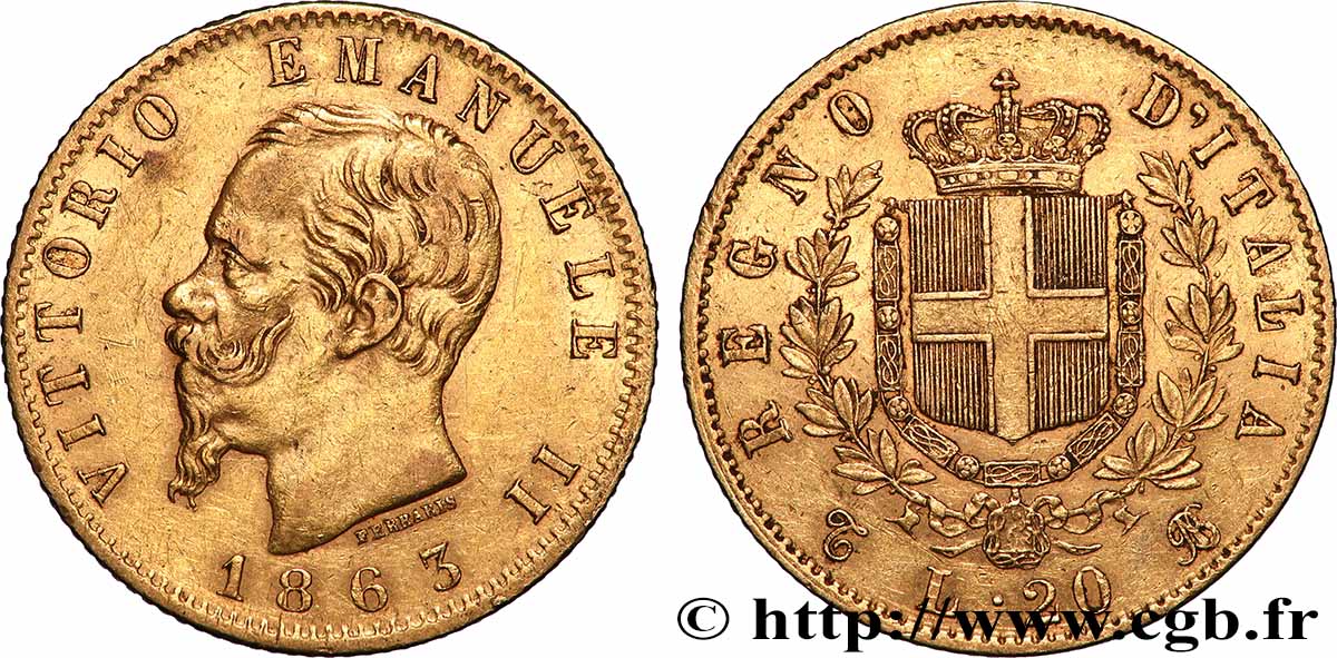 OR, PALLADIUM ET PLATINE INVESTISSEMENT 20 Lire Victor Emmanuel II  1863 Turin TTB 