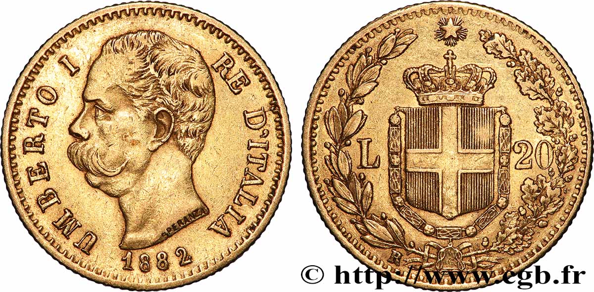 GOLD-, PALLADIUM- UND PLATIN-INVESTITIONEN 20 Lire Umberto Ier 1882 Rome SS 